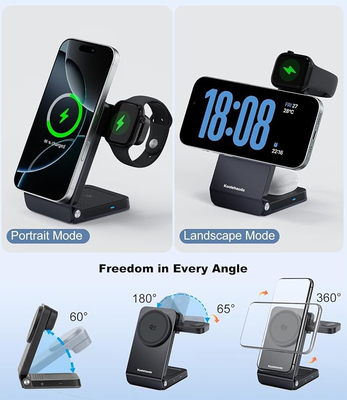 3 in 1 Wireless Charging Station with TEC Active Cooling, Qi2.2 25W Fast Charger for MagSafe Magnetic Foldable Charger Stand