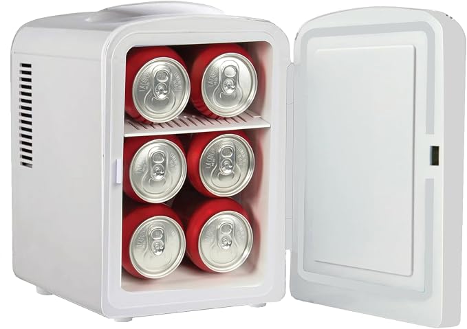 ELLE Multi Purpose 4L Mini Fridge Cooler and Warmer with Cool and Warm Function Removable Shelf Carrying Handle AC DC Power Options for Car Office Bedroom 6 Can Capacity White
