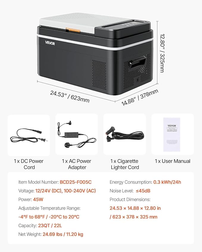 VEVOR Car Refrigerator, DC 12/24V AC100-240V Compressor Electric Cooler, -4°F to 68°F Car Fridge with APP Control, 23 QT Cars Freezer for RVs, Campsites, Boats, Camping, Fishing, 45W Portable Freezer