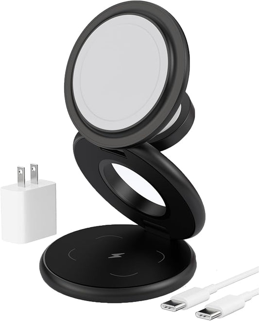 KU XIU X63 3 in 1 Charging Station for Apple, Aluminum Alloy Foldable Magnetic Wireless Charger, Travel Charger for iPhone 17/16/15/14/13/12 Series, Apple Watch & AirPods(with 20W Adapter)-Black