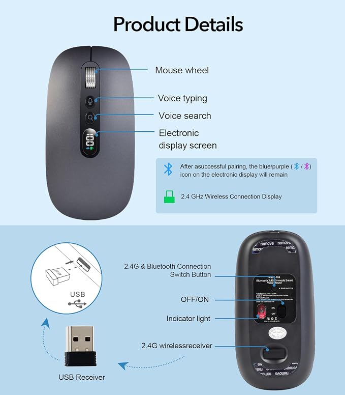 AI Wireless Mouse with Voice-to-Text & 200+ Language Translator, Bluetooth 5.0 Wireless Silent Mouse for MacBook/PC/Laptop,USB-C Rechargeable, Smart AI Writing for Office & Meetings