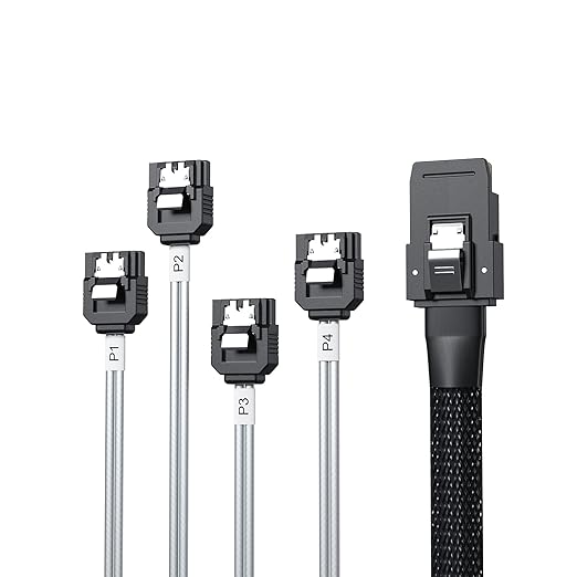10Gtek MiniSAS SFF-8087 Fan-Out Cable Breakout to 4xSATA, 6Gbps High-Speed Cable for RAID Controllers, Servers & Storage Enclosures, with Latch, 0.5-m(1.6ft)
