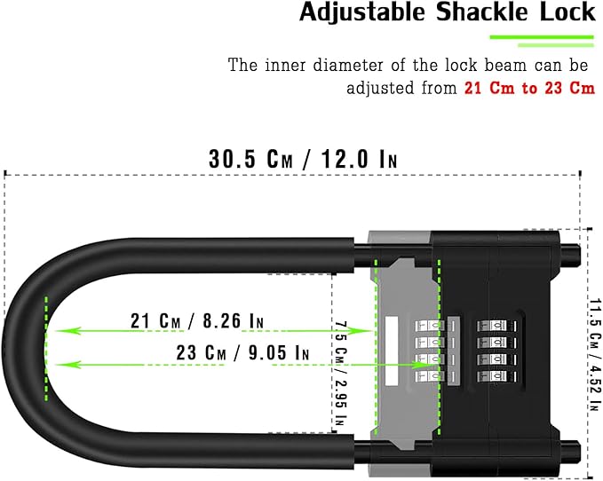 4 Digit Combination Padlock,Heavy Duty Anti Theft U-Shape Security Code Lock with Adjustable Shackle,for Bicycles, E-Bike,Mountain Bike,Road Bike,Gates,Shed, Fence [ Adjustable Range 210-230mm]