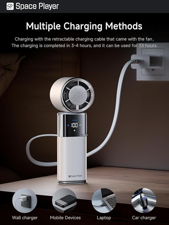 Portable Handheld Turbo Fan with Ice Cooling, 9000mAh Rechargeable Personal Fan, 100-Speed Wind, Built-in Type-C Cable, LED Display,135° Tilt Foldable for Desk/Neck/Travel-White