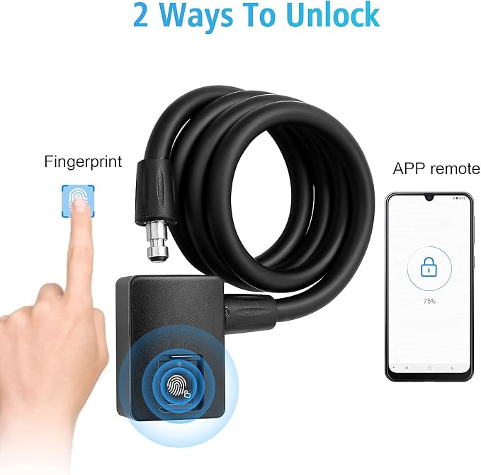 MYPIN Bluetooth Fingerprint Bike Lock, Anti-Theft, Waterproof, 1M Cable, IP65, Combination Lock, Fingerprint & Bluetooth Unlock, Heavy Duty