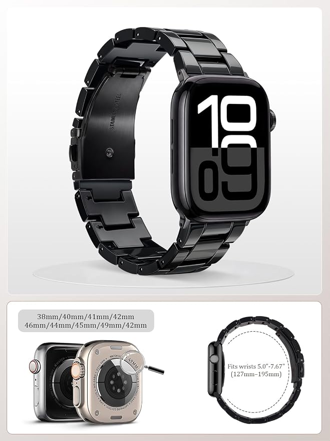 V-MORO Resin Strap Compatible with Apple Watch Band 41mm/40mm/42mm/38mm Series 11/10/9/8/7/6/5 Women Men Fashion Lightweight Wristband with Metal Buckle,iWatch Series 4/3/2/1/SE 2/SE (Black)