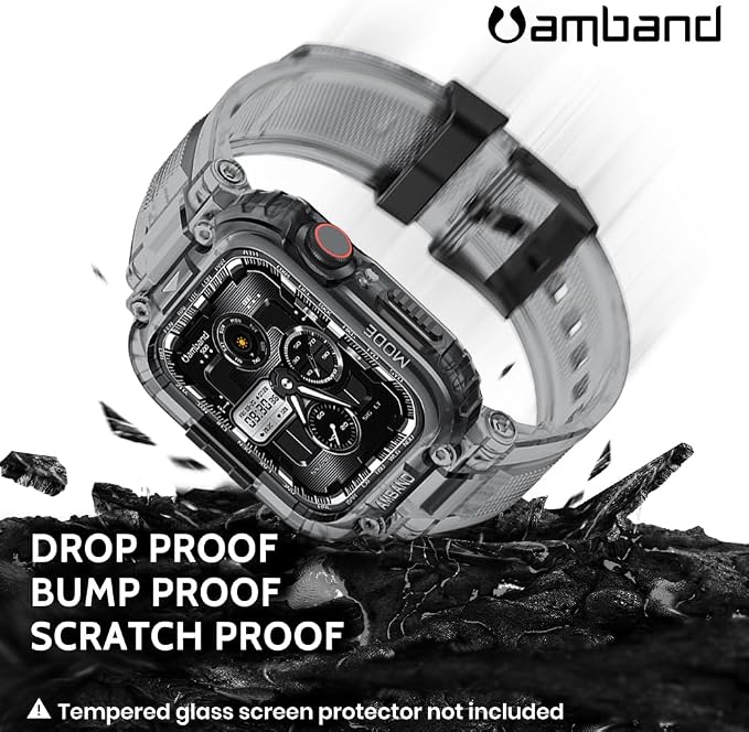 amBand Bands Compatible with Apple Watch 9/8/7 45mm, M1 Sport Series Rugged Case with TPU Strap Military Protective Tough Cover Bumper for iWatch SE3/SE2/SE/6/5/4 44mm Men Crystal Black