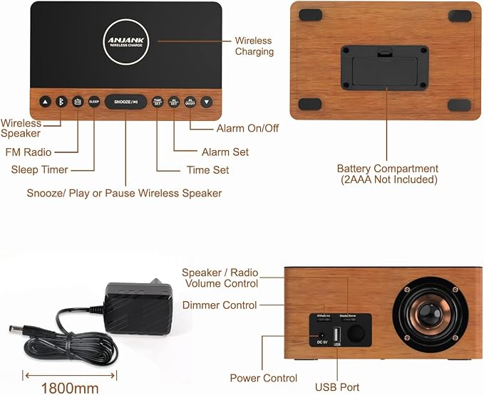 ANJANK Wooden Bluetooth Speaker, Alarm Clock with FM Radio, Qi Certified Fast Wireless Charging Station for iPhone/Samsung, USB Charger Port, Dimmable Display, Digital Wood Clock for Bedroom, Bedside