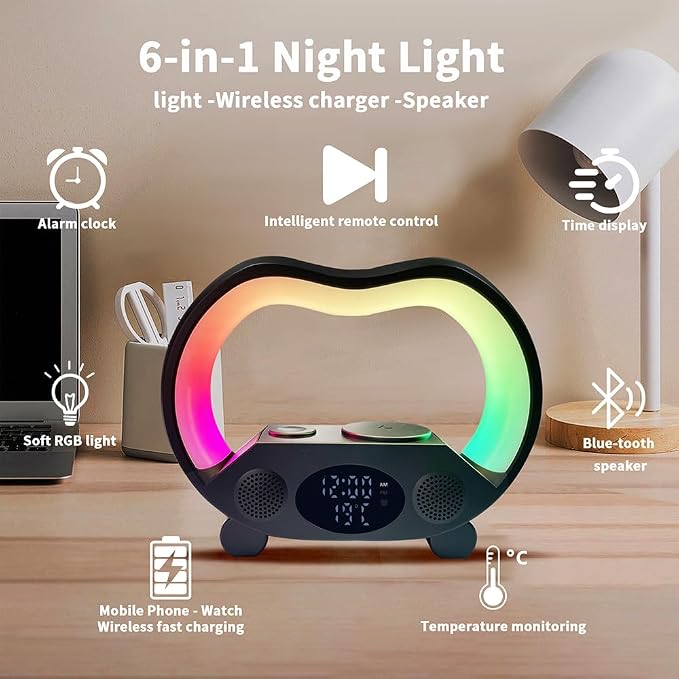 IHAO 6in1 Wireless Charging Station with Bluetooth Speaker Time&Temperature Display Alarm Clock 7-Color LED Night Lights Fast Charger for Phone, Apple Watch, Earbuds Remote Control Auto Shutoff-Black