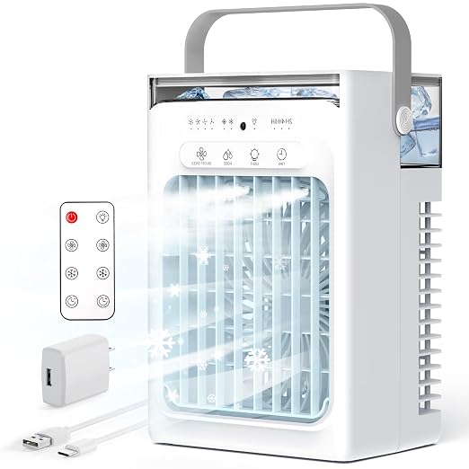 Portable Air Conditioners, 4-Speed Mini Air Conditioner, 3-in-1 Personal Cooling Fan, Small AC Unit with 1000ml Water Tank, 2/4/6H Timer, USB Powered (5V 2A Adapter Included) for Bedroom Office Desk