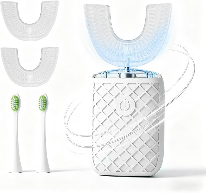 Sonic Electric U Shaped Toothbrush for Adults, Automatic Full Mouth Cleaning Toothbrush, 360° Stain Removal, IPX7 Waterproof Rechargeable, 3 U-Shape & 2 Straight Brush Heads (White)