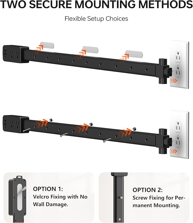 2 Pack Outlet Extender Stick Black with 4-Way Flat Plug | Extends 8"-36" | Outlet Extender with 2AC Outlets, 2USB-A & 1USB-C Ports | Socket Expander Access Hard-to-Reach Outlets Bed Sofa Behind
