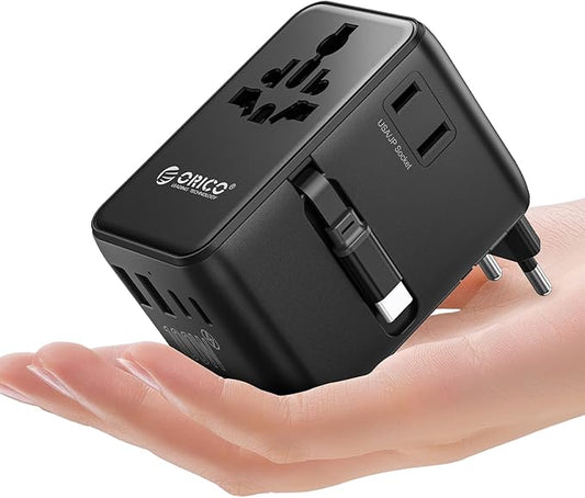 ORICO 100W Universal Travel Adapter with 2 AC Outlets and 3 USB-C and 2 USB-A Ports, Built-in Retractable USB-C Cable, Type A, C, G, I Outlets, International Travel Adapter for Global Travel