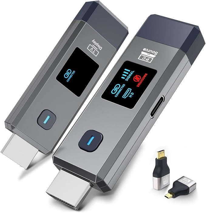 Wireless HDMI Transmitter and Receiver 328ft/100m Extender 4K Decode Input 1080P Output Plug&Play Portable 2.4G/5.8G for Video and Audio to Monitor from PC/Projector/TV Box, with Display Screen