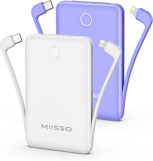 10000mAh Mini Portable Charger with Built in Cable, Pocket Size Power Bank Travel External Battery Pack for Phone, 3 Output USB Type C Cord Clutch Compatible with iPhone, Samsung,2 Pack Purple & White
