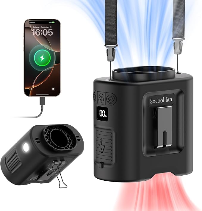 Socool 14500mAh Portable Waist Fan with 360 Rotation, Rechargeable Mini Personal Clip On Belt Shirt Fan 67Hrs Cooling Wearable Hanging Neck Fans with 5 Speeds & LED Light For Outdoor Working Jobsite