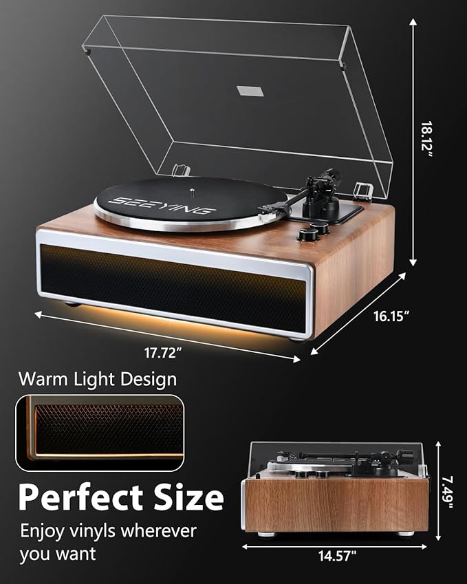 SeeYing Vinyl Record Player with Built in HiFi Speakers, Bluetooth Belt Drive Turntable for Vinyl Records with Magnetic Cartridge, Auto Stop and Warm Light Design