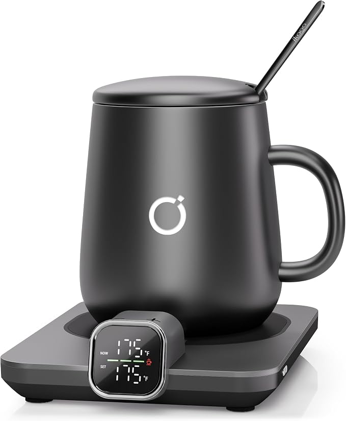 Coffee Mug Warmer & iKago Mug Set, Accurate Temperature Control Smart Heated Mug for Desk, Electric Coffee Warmer with Auto Shut Off & Real-Time Temp Display, Gifts for Men Women, 15oz Ceramic Mug