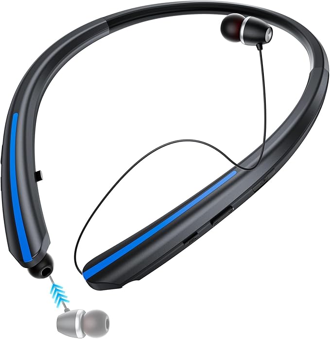 Neckband Retractable Bluetooth Headphones, Wireless Headset with 22H Playtime, Sweat-Resistant Sports, Dual Device Connect, Noise Cancelling Earphones with Mic (Blue)