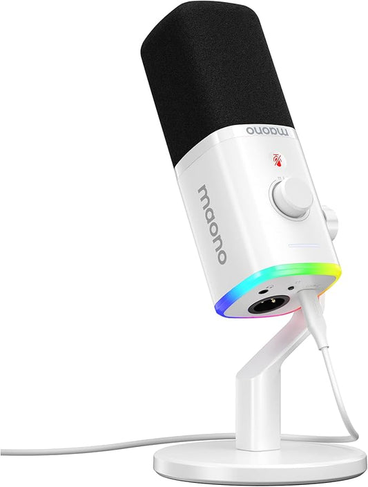 MAONO USB/XLR Podcasting Microphone for PC, Gaming Streaming Dynamic Mic with Mute Button, RGB, Desktop Stand,Computer Mic for Video Studio Recording-PD100X,White