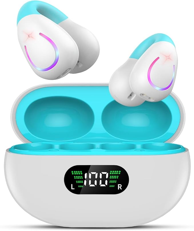 Open Ear Bone Conduction Headphones, Bluetooth Lightweight Clip On Earbuds Comfort with Digital Display Charging Case Sport Earphones Built-in Mic IPX7 Waterproof for Running Fitness Exercise,Sky Blue