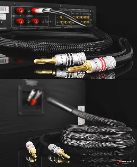 Nakamichi Excel Series 24k Gold Plated Banana Plugs with Speaker Cable Wire 99.9% Oxygen-Free Copper (OFC) Heavy Duty Braided for Amplifier Hi-Fi Home Theatre - Black (12 AWG / 15 feet / 4.5m)