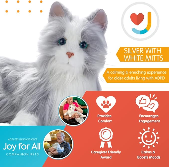 JOY FOR ALL Ageless Innovation Companion Pets | Silver Cat with White Mitts | Lifelike & Realistic | Comfort, Joy & Companionship