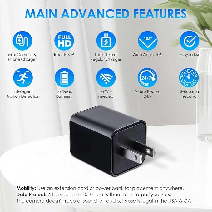 Mini Camera USB Charger Full HD 1080P Video, Security Charger Cam for Home & Office Monitoring, Wall USB Camera with 32GB Micro SD Card