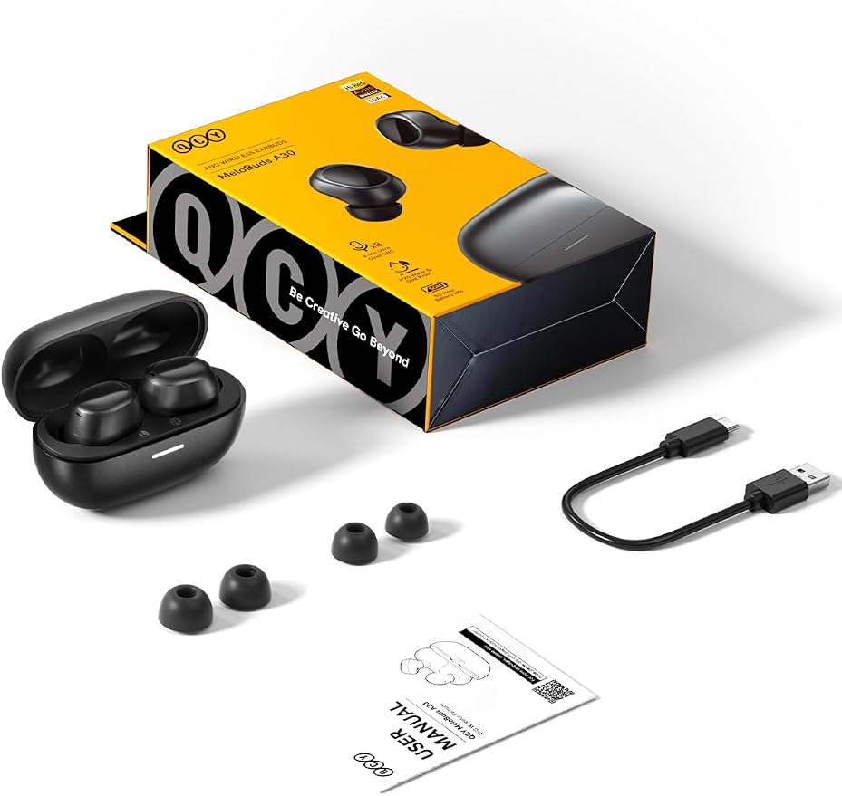 QCY MeloBuds A30 Aadptive Active Noise Cancelling Wireless Earbuds, 8 Mics ENC Clear Call Ear Buds, 60dB ANC Hi-Res Audio Bluetooth 6.0 Headphones, Comfort Lightweight, IPX5 Waterproof Earphone