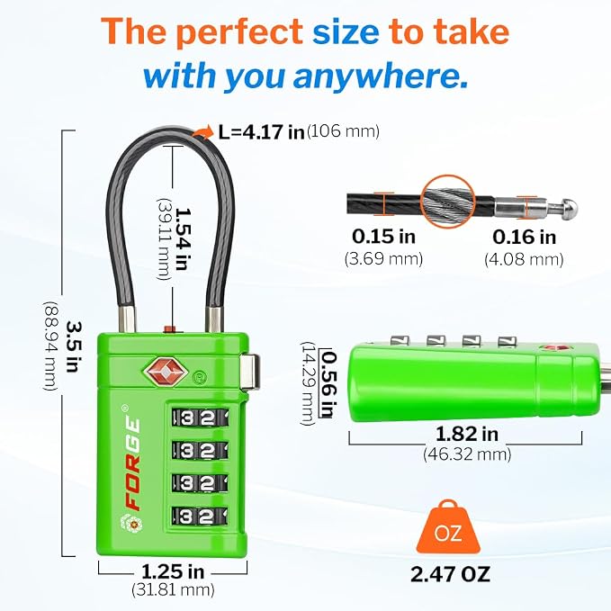 Forge TSA Approved Luggage Locks 4 Digit Combination TSA Travel Locks with TSA008, Open Alert Indicator, Zinc Alloy Body for Luggage, Suitcase, Backpack, and More. Green 2 Locks.