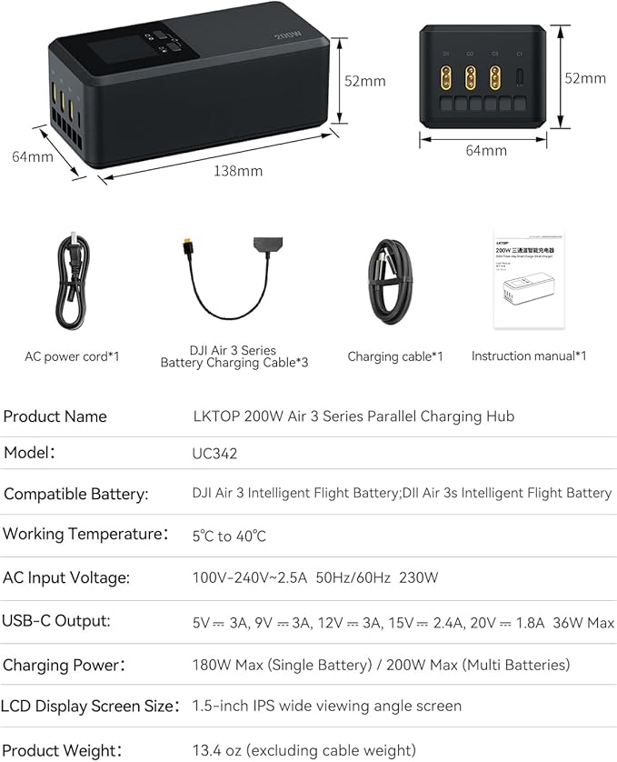 LKTOP 200W Air 3/Air 3S Parallel Charging Hub Fast Battey Charger Kit for DJI/Specta Air3 Series Drone Accessories, 60% Storage/Silent/Output Mode, LCD Screen Display (Charge 3 Batteries: 1hr 10min)