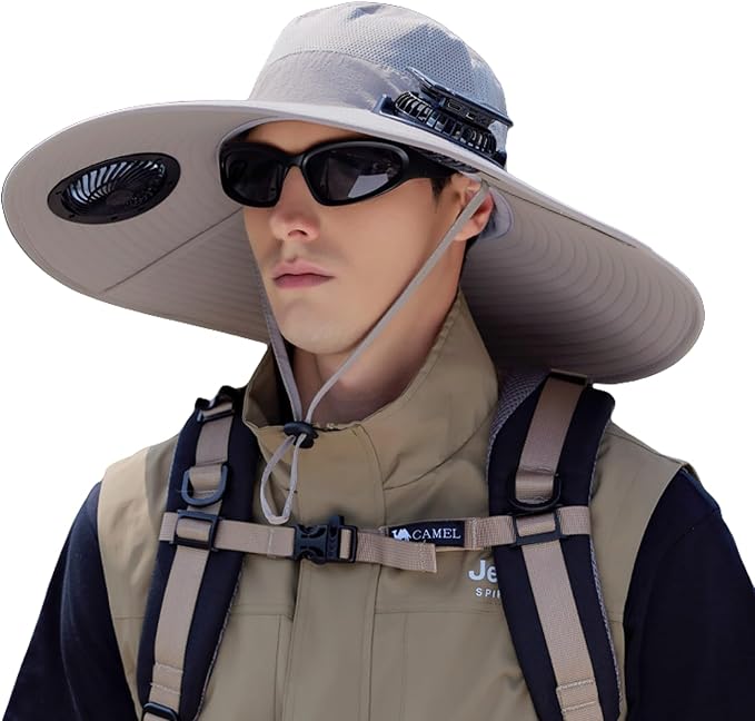 Solar Fan Hat 2 Fans, Outdoor Wide Brim Fishing Hat with Fan, Solar Cooling Bucket Fisherman Hats, Quick Dry Sun Cap with Fan