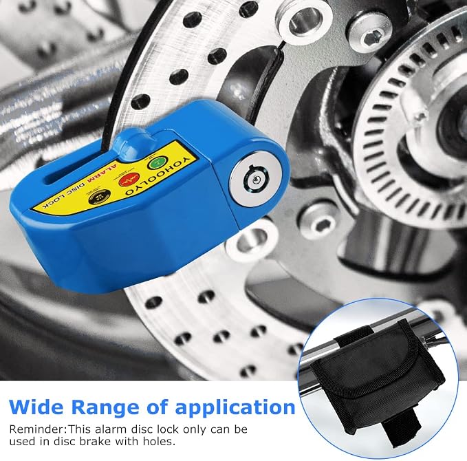 YOHOOLYO Alarm Disc Lock Motorcycle Disc Brake Lock Anti-Theft Waterproof 110 db 7mm Pin 5ft Reminder Cable for Motorcycles Bike Scooter Carry Pouch