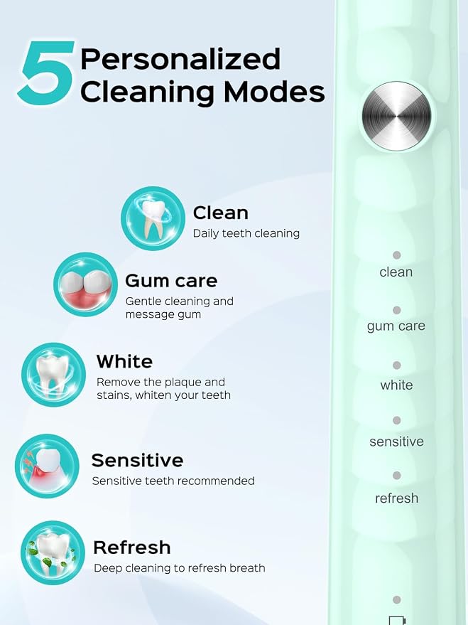 COSLUS Sonic Electric Toothbrush for Kids & Adults C40(DY-108Pro): 47000 VPM for Deep Cleaning with Travel Case - 5 Modes for Sensitive Teeth & Braces, Wireless Charging, 6 Brush Heads, Green (1PC)