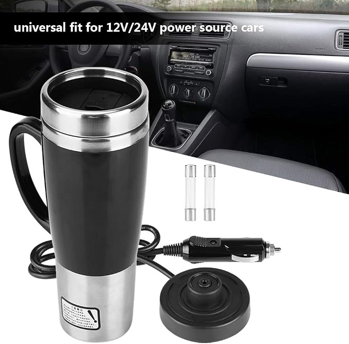gernie Car Electric Kettle, 12V / 24V 450ml Stainless Steel Heating Cup Portable Car Heated Mug 50W Fast Boiling Electric Coffee Cup with Cigarette Lighter for Winter Travel (Black) (12V)