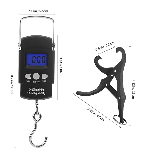 Digital Scale with Lip Gripper：110 Lbs/50 Kg Backlight LCD Display Fishing Scale with Build in Ruler and 2pcs Fish Lip Gripper