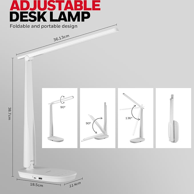 Honeywell HWT-H2 LED Desk Lamp for Home Office, CRI94 Full Spectrum Eye-Caring Light, Dimmable Table Lamp with USB-A & USB-C Charging Ports, Foldable Touch Control Reading Lamp, White