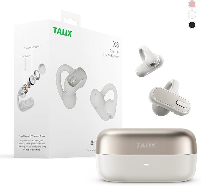 TALIX Open Ear Clip-On Earbuds X8 with AI ENC & Powerful Bass, Wireless Bluetooth 6.0, IPX4 Sweatproof Fitness Headphones, Physical Buttons, 5g Lightweight Ear Buds with Multi-Device Switching, White