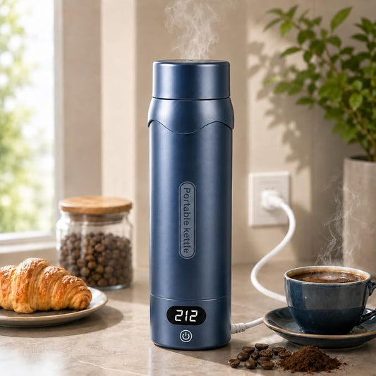Insulated Stainless Steel Electric Kettle Small, Smart Water Bottle with 4 temperature control, Leak-Proof, Mini Travel Essentials Portable Office Gifts for Tea Lovers, Dark Blue