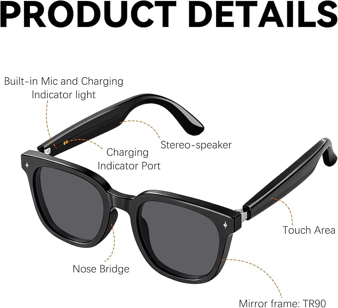 Smart Bluetooth Glasses for Men Women, Ai Smart Glasses with Open-Ear Audio, Voice Control, Real-time Translation, Hands-Free Calls, Bluetooth Sunglasses for Daily Use, Travel