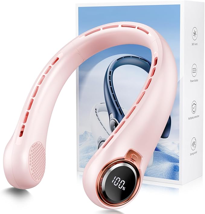 BNBZ Portable Neck Fan, 6000mAh Rechargeable Fan Blows Cold Air with LED Display, 4 Speeds, 20H Runtime, Quiet Wearable 360° Personal Cooling Fan for Outdoor Travel Work Gym,Fireplace Fans-Pink