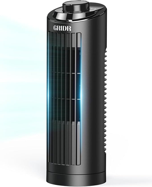GRIDR Tower Fan for Bedroom (2025 New), Quiet Safe Bladeless with 3 Speeds, Portable Desk Fan with 80° Oscillation, Fast Cooling, Space-Saving, 13" Table Fan for Home Desktop Office kitchen Indoor