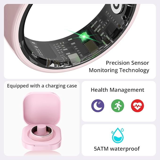 COLMI R02 Smart Ring, Smart Ring for Women and Men, No Subscription Fee, with a Charging Case, Supports Heart Rate, Blood Oxygen, Sleep Health Monitoring, and Sports Tracking Ring. (Pink Ceramic, 7#)