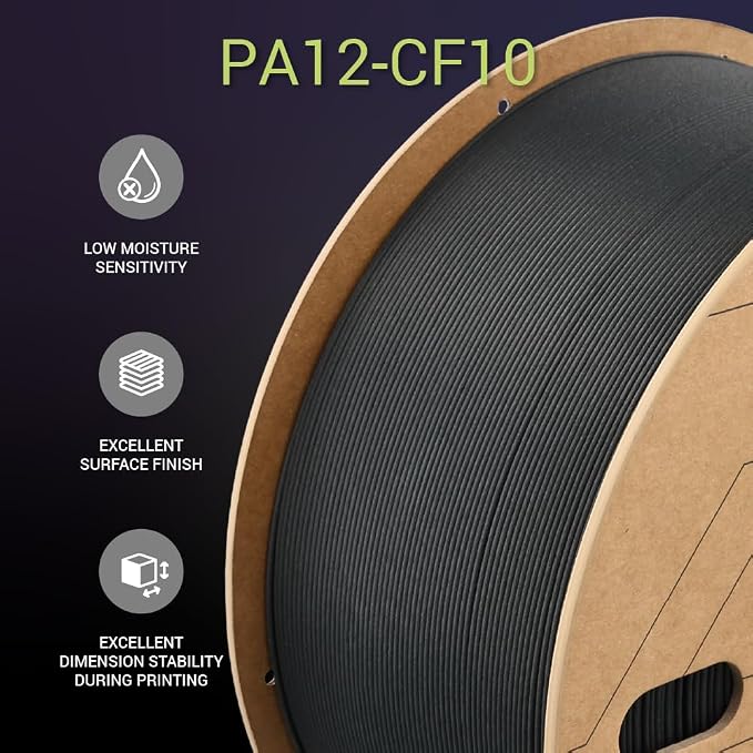 Polymaker Fiberon PA12-CF10 Nylon Filament 1.75mm Black 3kg, Low Moisture Sensitivity PA12-CF Carbon Fiber Nylon 1.75mm 3D Printing Filament