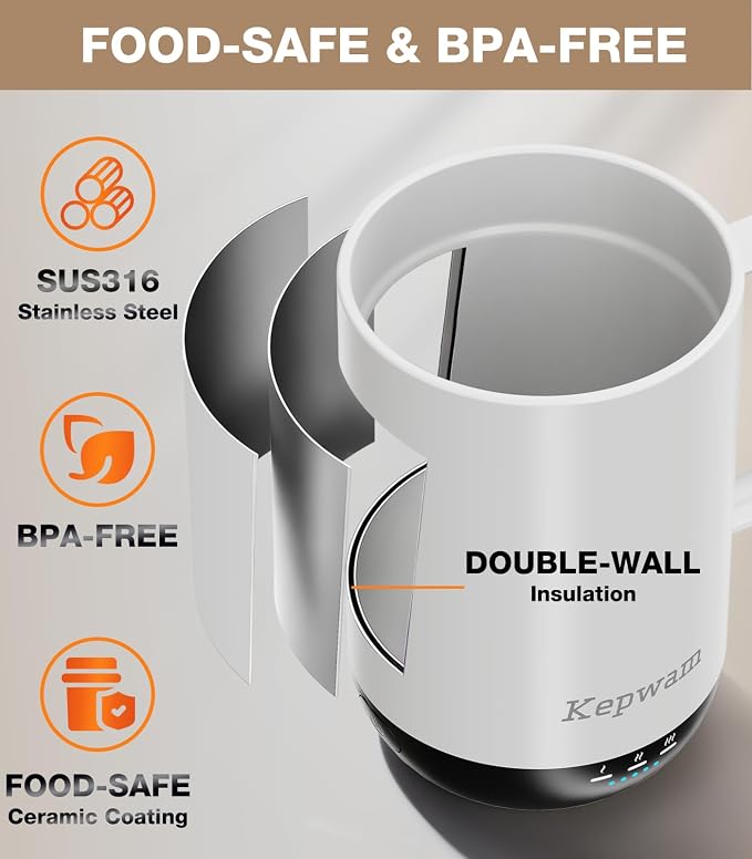 Kepwam Self-Heating Coffee Mug T1, 16oz Rechargeable Heated Coffee Mug, Smart Coffee Warmer Mug with App-Controlled,Advanced Temperature-Controlled Heating Coffee Gifts for Women Men Coffee Lover