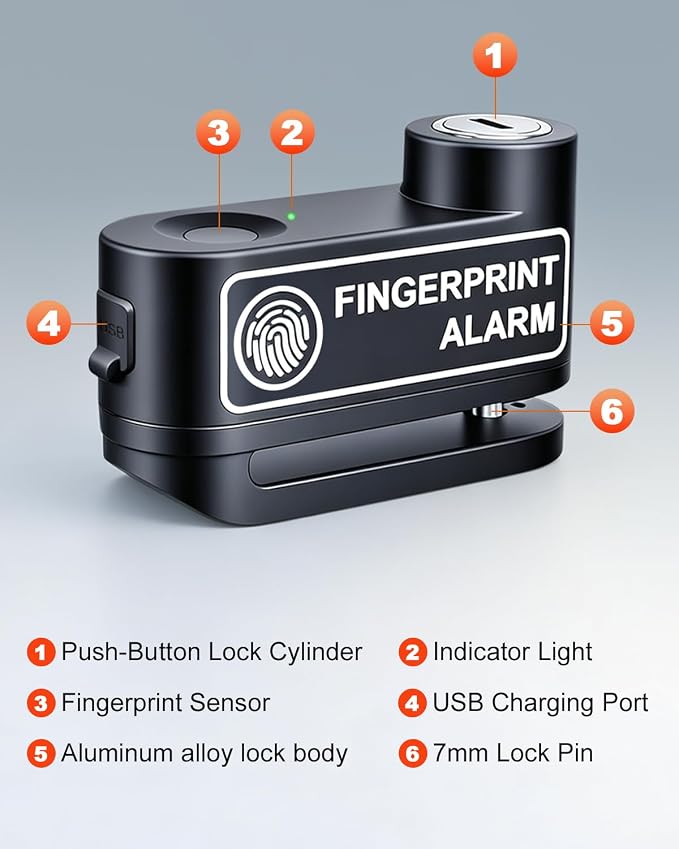 Motorcycle Disc Lock with Fingerprint Unlock, 120dB Anti-Theft Waterproof Alarm Brake Lock, 7mm Pin & 5ft Reminder Cable, for Motorcycles Bike Scooter