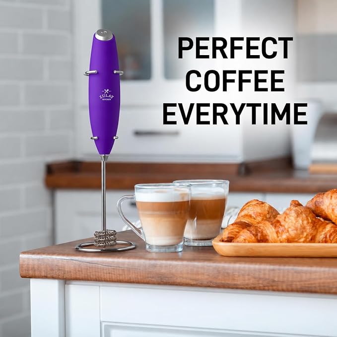 Zulay Kitchen Powerful Milk Frother Wand With Duracell Batteries - Ultra Fast Handheld Drink Mixer - Electric Whisk Foam Maker for Coffee, Lattes, Cappuccino & Matcha - Triple Whisk - Wine Purple
