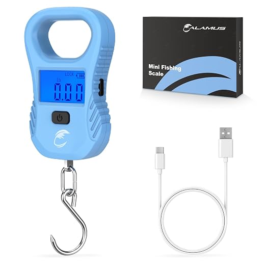 Calamus Lightweight Fish Scale – Rechargeable Digital Scale with USB Cable, 55lb Capacity, Multi-Units Pound/Ounces & Kilograms, High Accuracy, Backlight LCD Display, Fishing Gifts for Men
