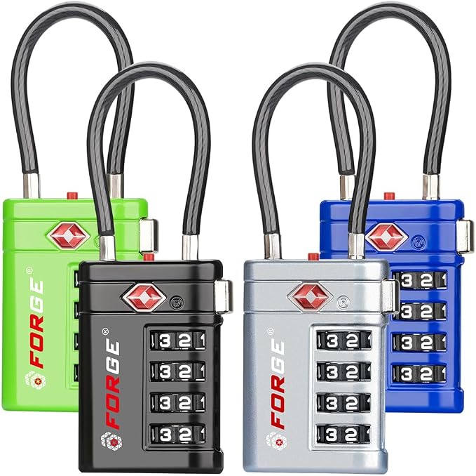 Forge TSA Approved Luggage Locks 4 Digit Combination TSA Travel Locks with TSA008, Open Alert Indicator, Zinc Alloy Body for Luggage, Suitcase, Backpack, and More. 4 Locks.