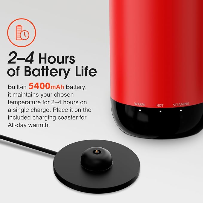 Vsitoo S5 Self Heating Travel Mug 16oz, Rechargeable Coffee Mug with Car Charger Kit, AI Auto-Sensing Temp Control Heated Cup for Home Office Car, App Control, Gift Women Men - Red